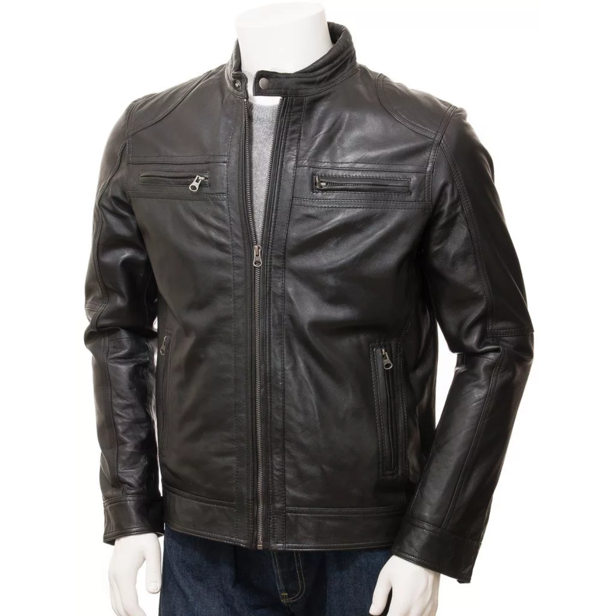 Black Leather Double Pockets Biker Jacket Men’s