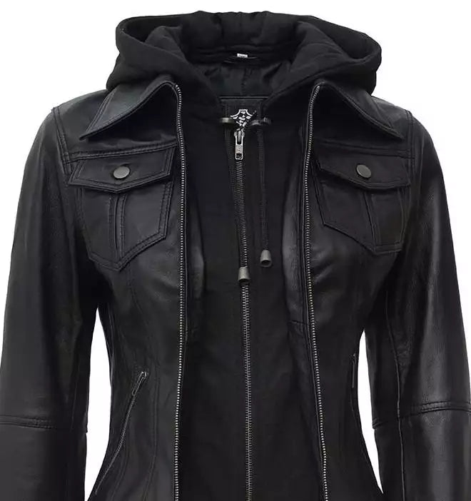 The Céleste: Women's Black Bomber Leather Jacket | Removable Hood