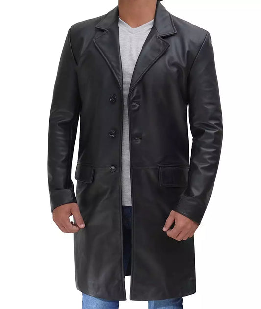 Men's Genuine Cowhide Black Long Leather Coat