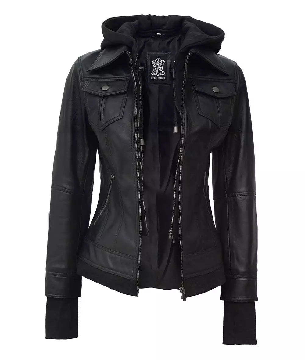 The Céleste: Women's Black Bomber Leather Jacket | Removable Hood