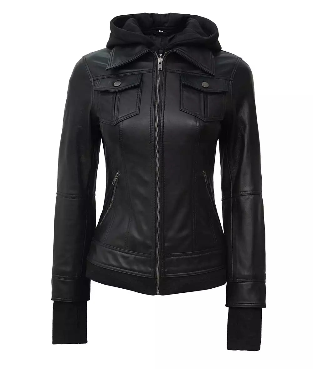 The Céleste: Women's Black Bomber Leather Jacket | Removable Hood