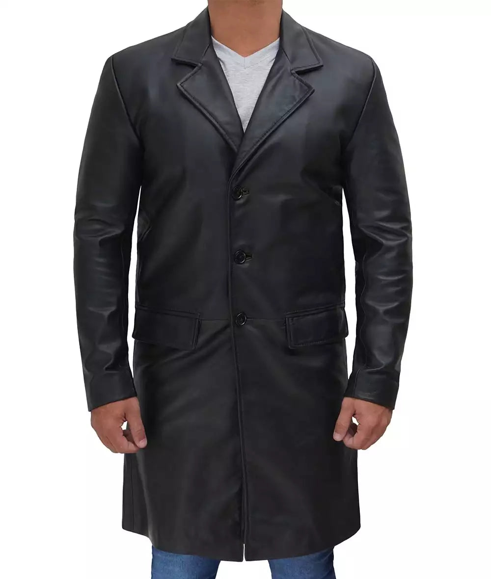 Men's Genuine Cowhide Black Long Leather Coat