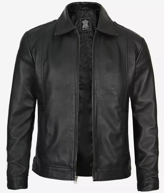 Men's Black Shirt Collar Vintage Leather Jacket