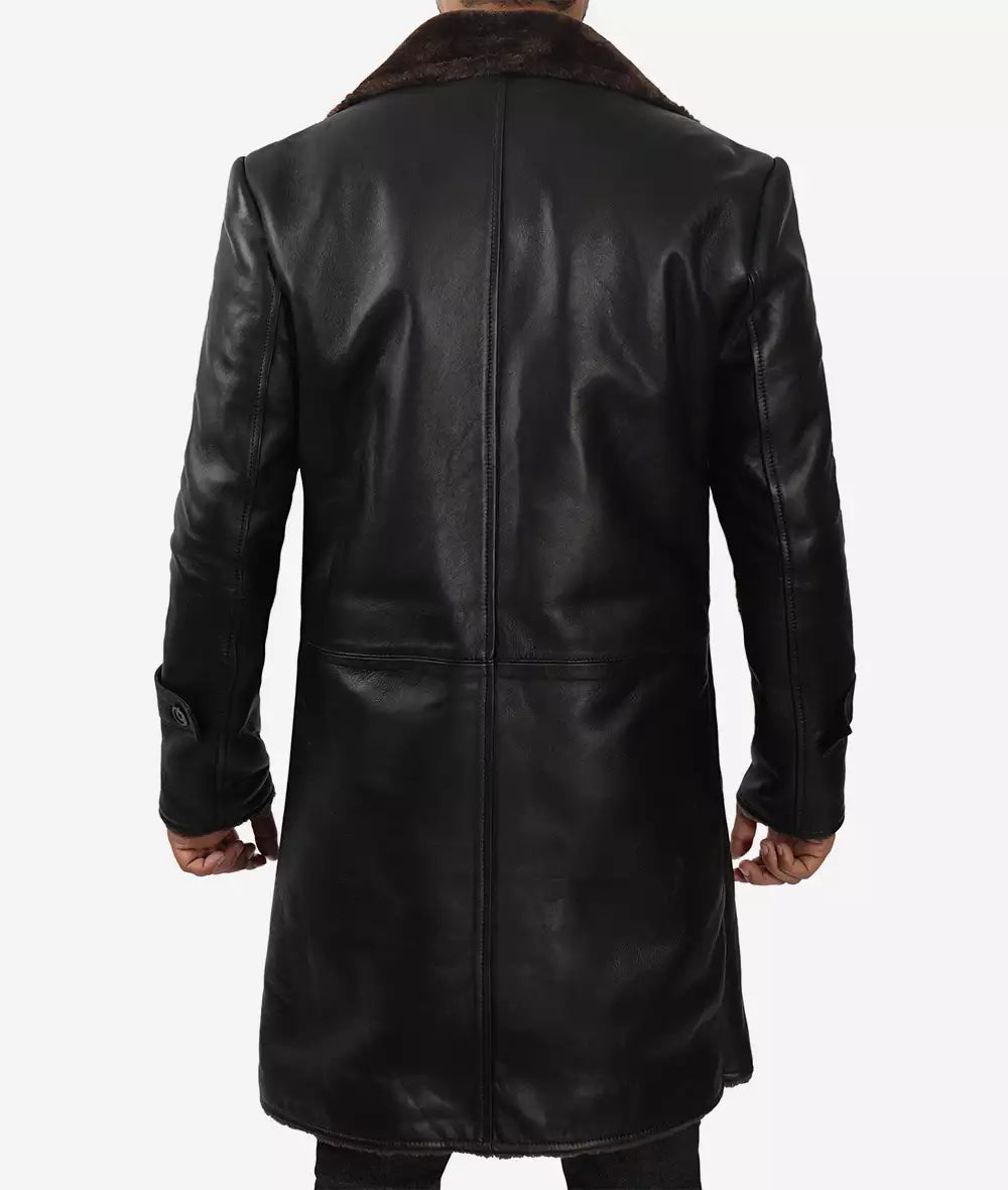 Men's Black Shearling 3/4 Length Winter Leather Coat