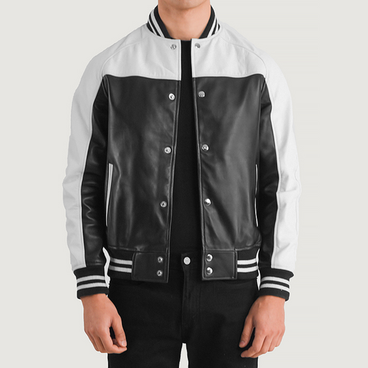 Black & White Terrance Leather Varsity Jacket