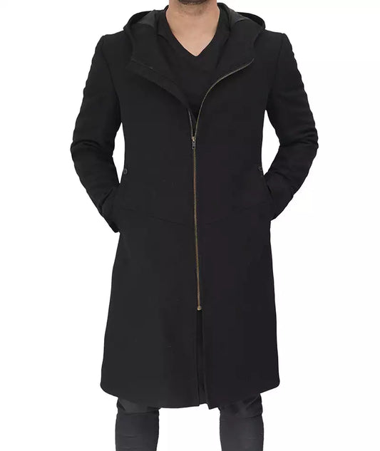 Men's Black Zip Closure Wool Coat with Hood