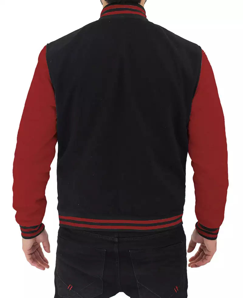 Men's Black and Maroon-Sleeved Varsity Jacket - Letterman Baseball Style