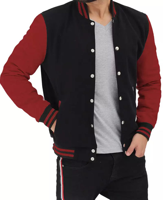 Men's Black and Maroon-Sleeved Varsity Jacket - Letterman Baseball Style