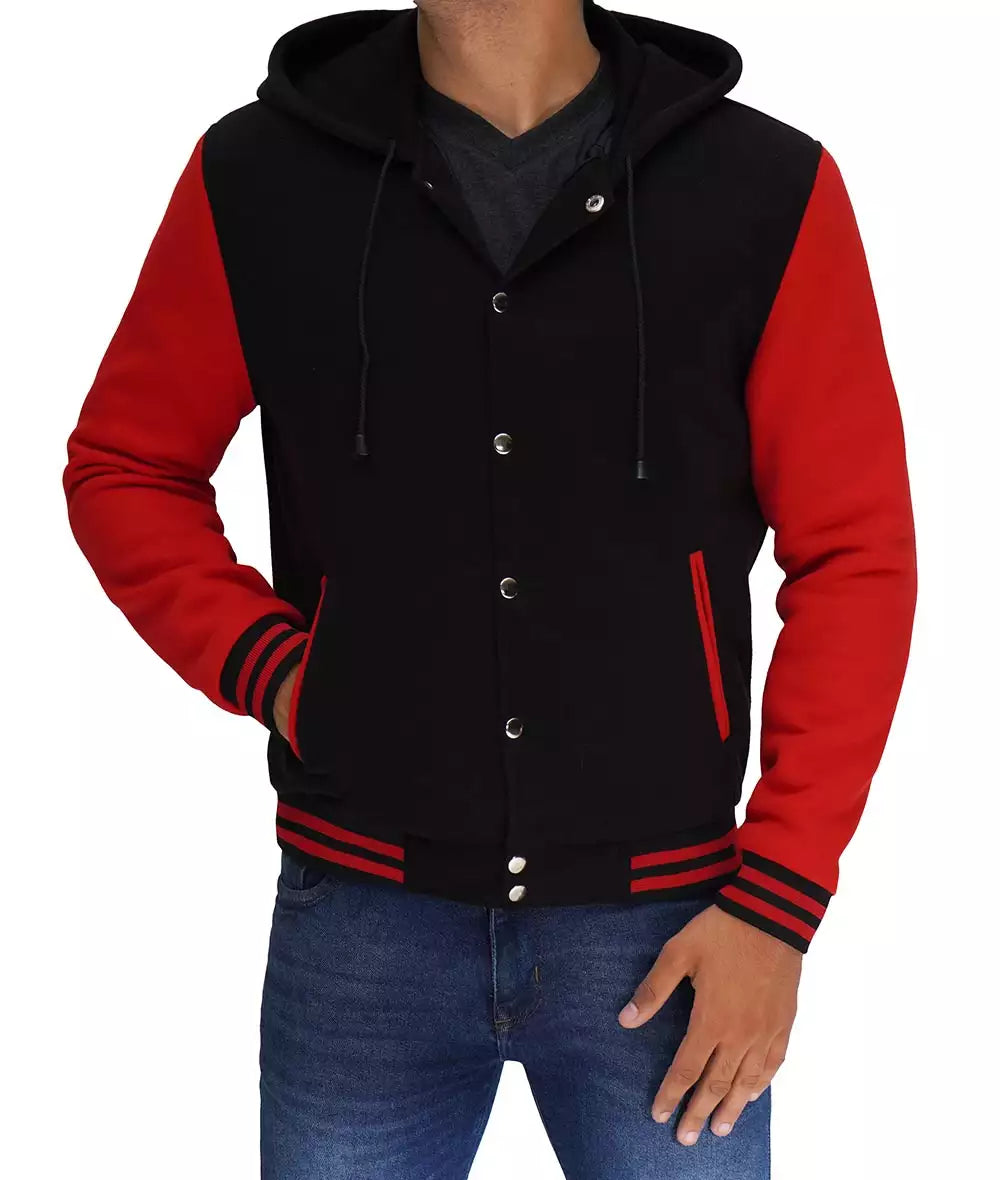 Men's Salerno Black and Red Varsity Jacket with Hood