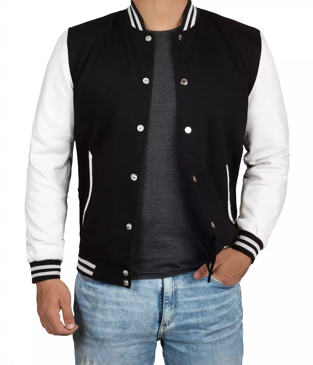 Men's Black and White Letterman Baseball Jacket - Bomber Style