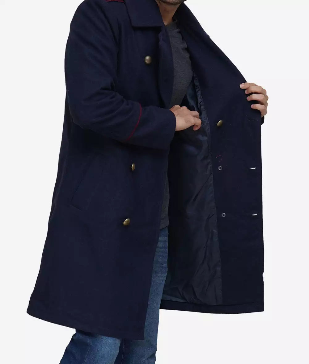 Men's Double-Breasted Navy Blue Long Wool Coat