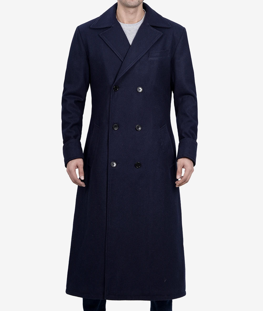 Men's Double Breasted Dark Blue Wool Coat