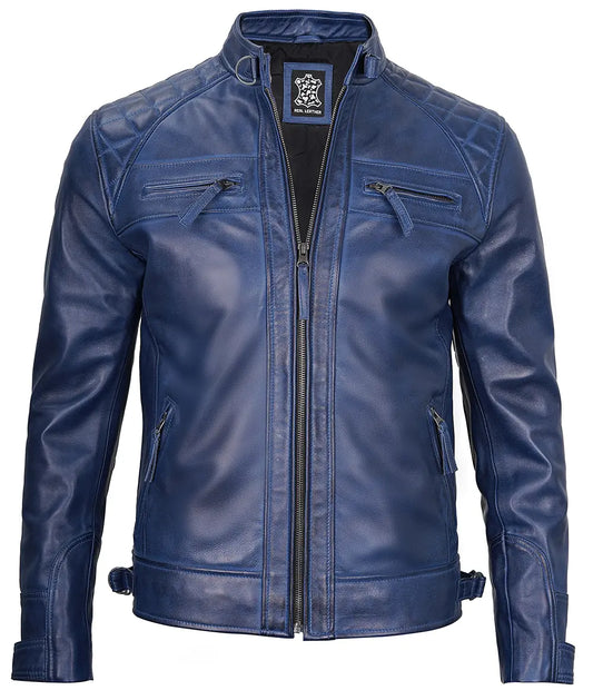 Men's Blue Cafe Racer Leather Jacket - Quilted Shoulder