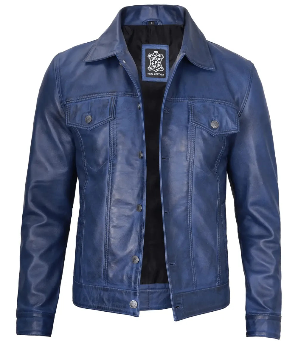 Men's Blue Real Lambskin Leather Trucker Jacket