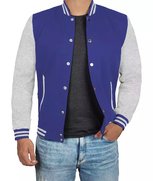 Men's Blue and Grey Varsity Jacket - Baseball Style Jacket