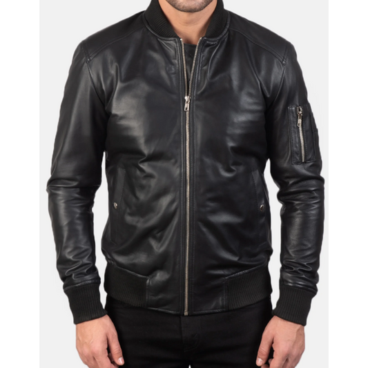 Bomia Ma-1 Black Leather Bomber Jacket