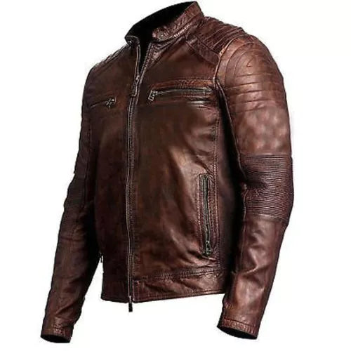 Vintage Distressed Brown Biker Motorcycle Genuine Real Leather Jacket