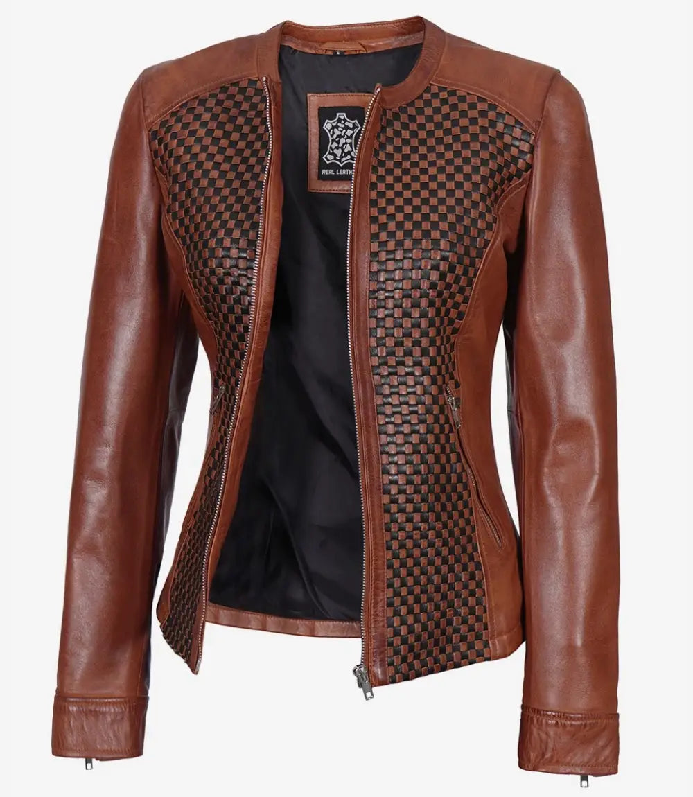 Womens Brown Textured Leather Biker Jacket