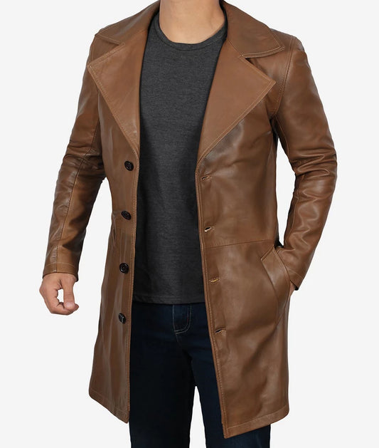 Men's Brown 3/4 Length Real Lambskin Leather Coat