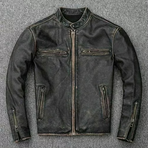 Cafe Racer Distressed Black Genuine Leather Jacket