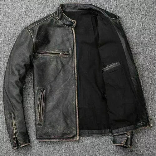 Cafe Racer Distressed Black Genuine Leather Jacket