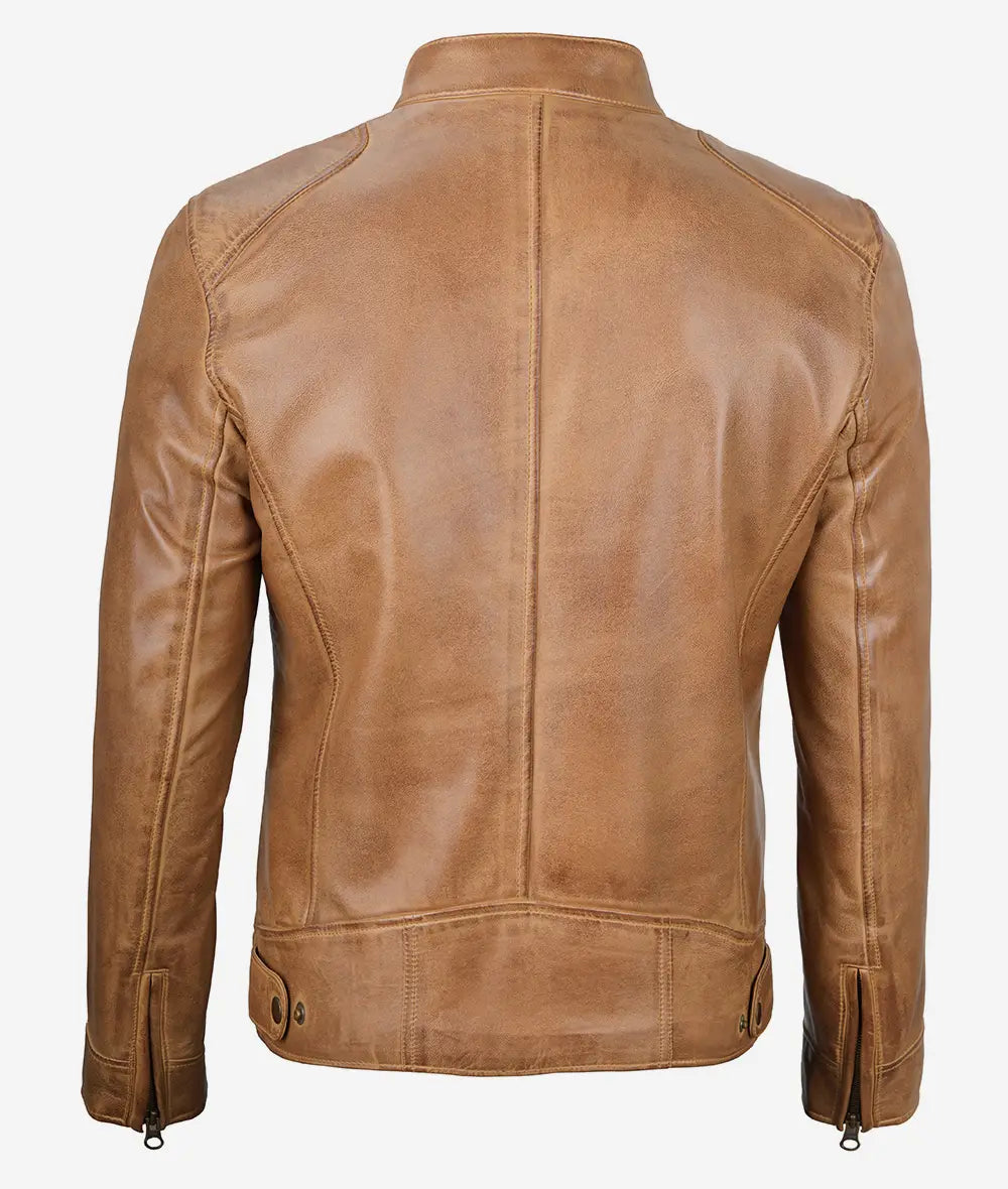 Men's Camel Brown Distressed Cafe Racer Real Leather Jacket