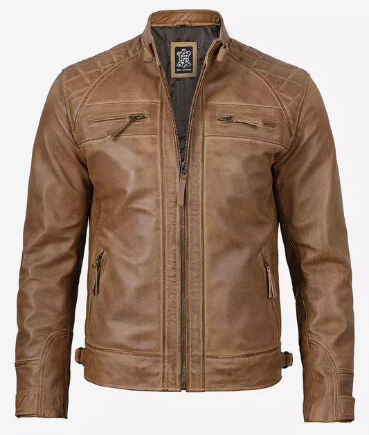 Men's Camel Brown Quilted Shoulder Cafe Racer Leather Jacket