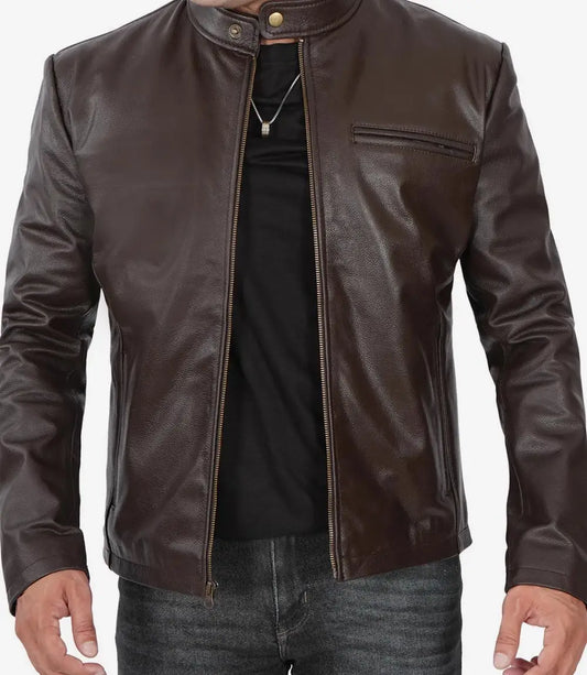 Men's Premium Dark Brown Cowhide Cafe Racer Leather Jacket