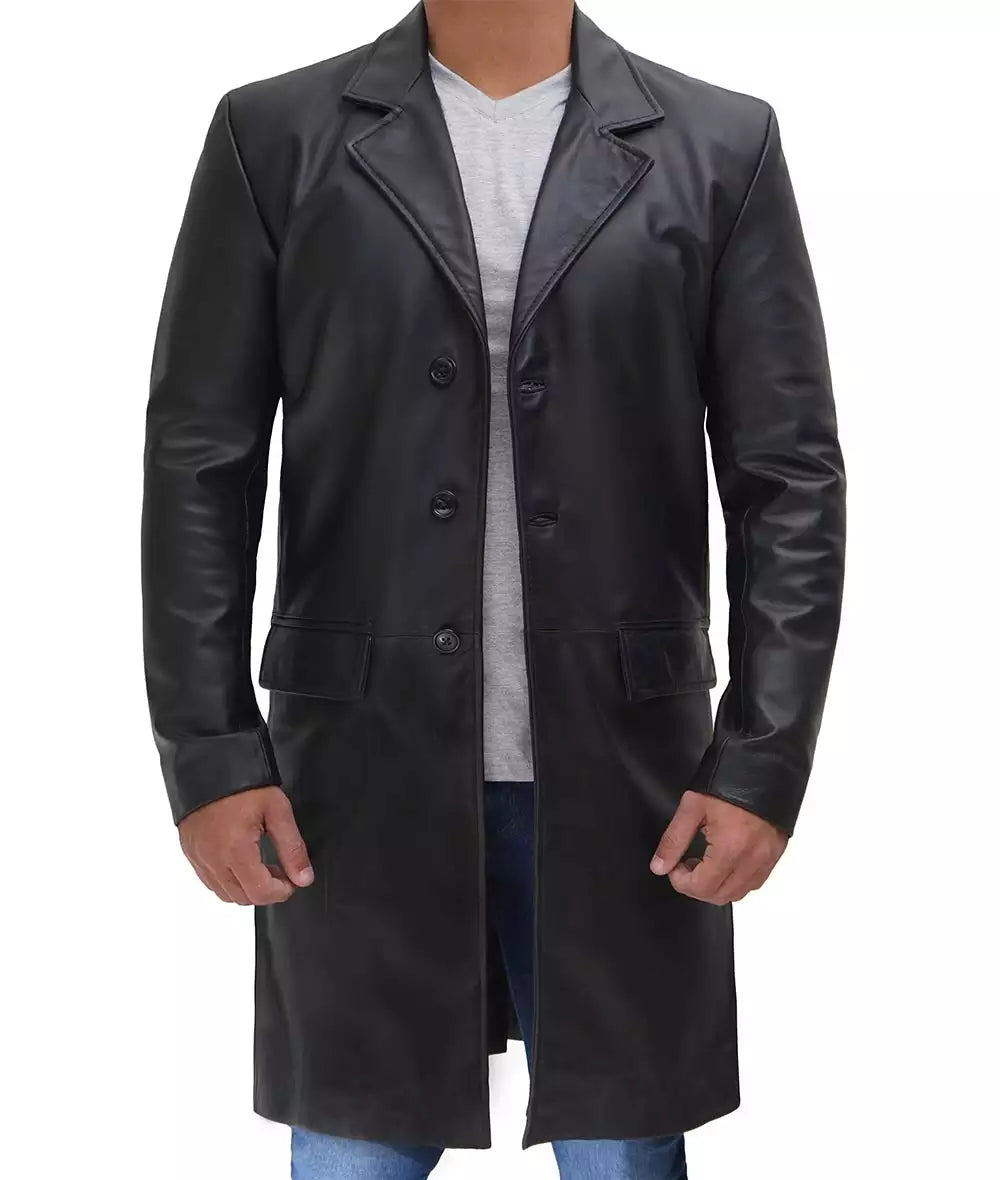 Men's Genuine Cowhide Black Long Leather Coat