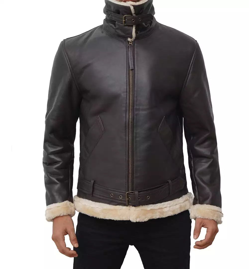 Men's Dark Brown Shearling Bomber Jacket Made of Real Leather