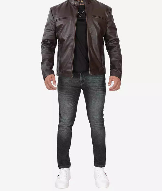 Men's Premium Dark Brown Cowhide Cafe Racer Leather Jacket