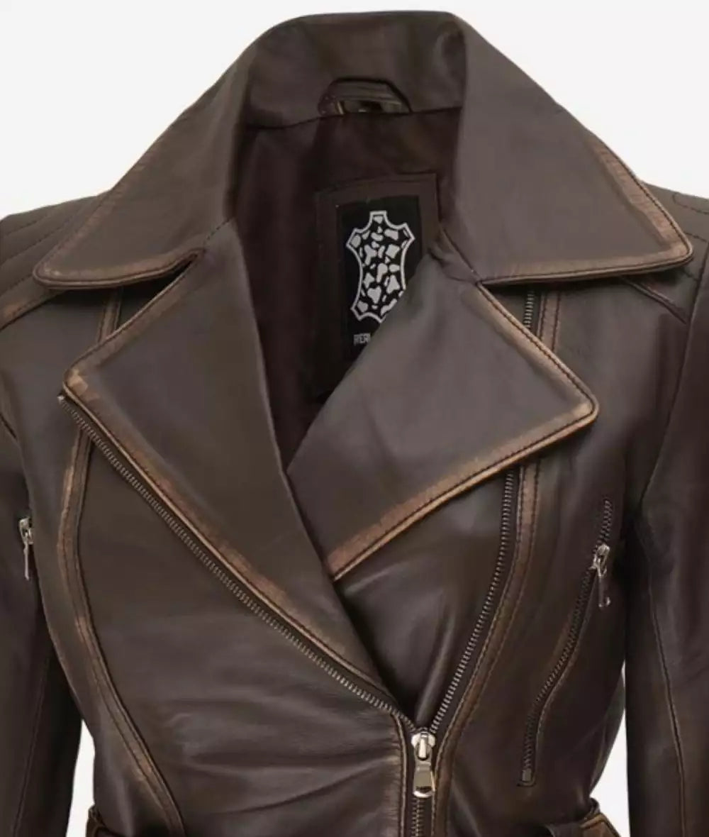 Women's Asymmetrical Rub Off Dark Brown Leather Belted Jacket