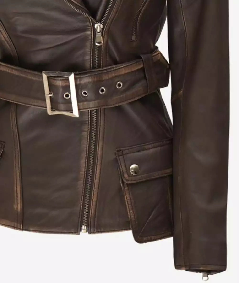 Women's Asymmetrical Rub Off Dark Brown Leather Belted Jacket