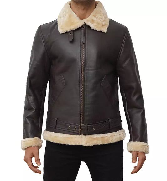 Men's Dark Brown Shearling Bomber Jacket Made of Real Leather