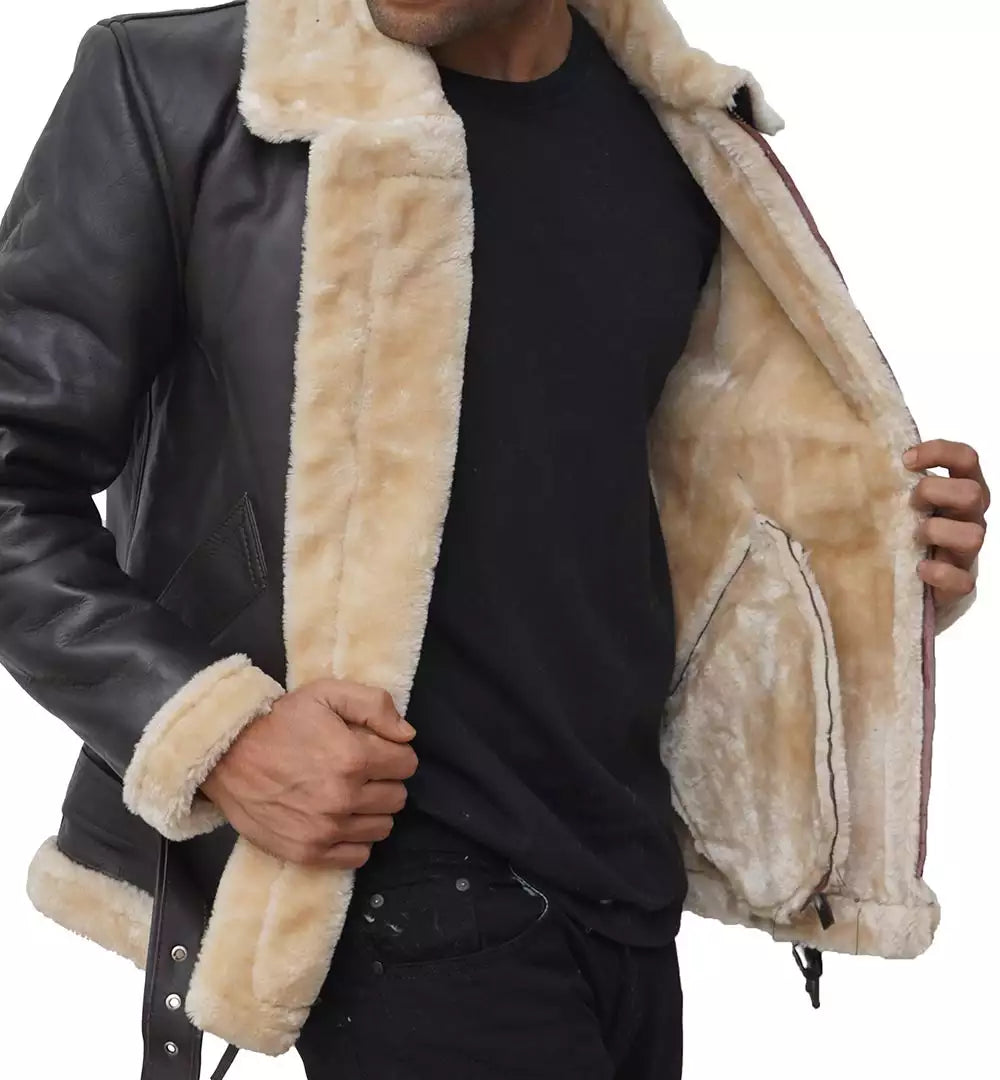 Men's Dark Brown Shearling Bomber Jacket Made of Real Leather