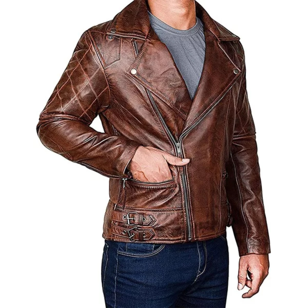 Men's Diamond Quilted Distressed Leather Jacket