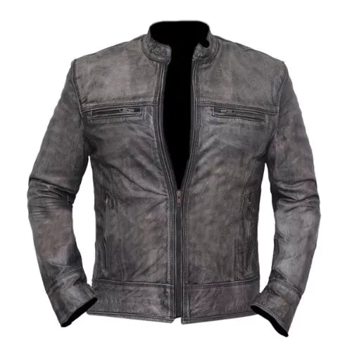 Vintage Distressed Grey Biker Motorcycle Genuine Real Leather Jacket