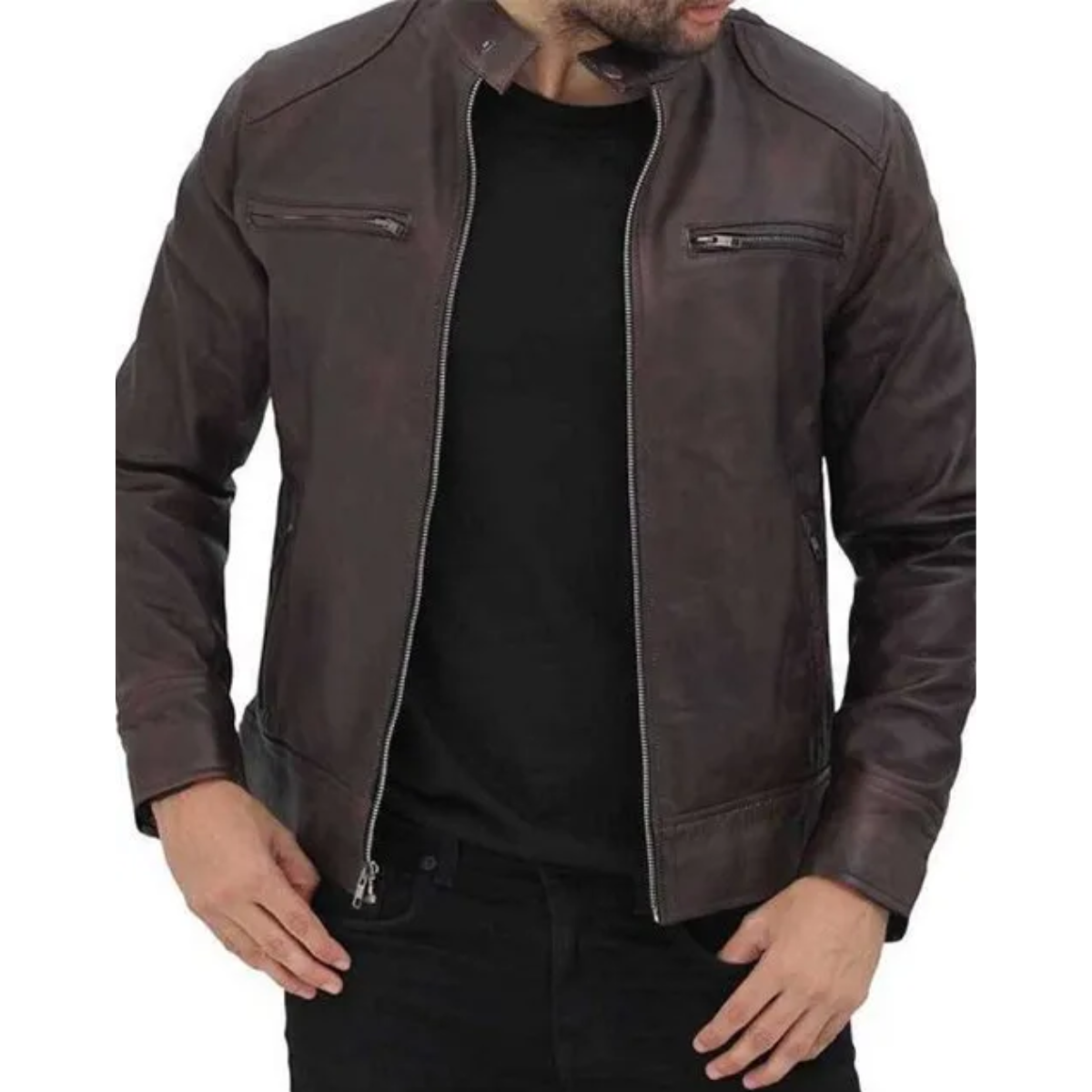 Dodge Men Brown Cafe Racer Leather Jacket