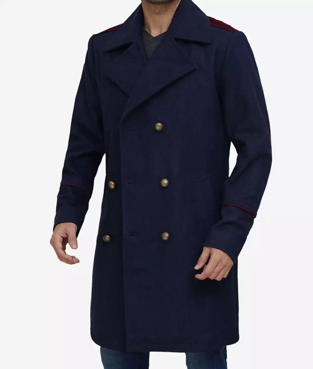 Men's Double-Breasted Navy Blue Long Wool Coat