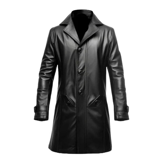 Button Closure Black Long Genuine Leather Coat