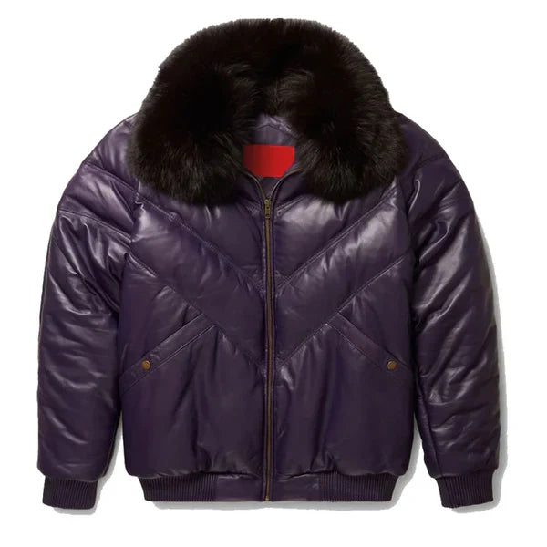 Men's V-Bomber Faux Shearling Purple Leather Jacket