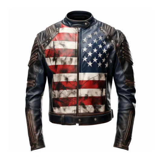 Men's USA Flag Casual Motorcycle Leather Jacket