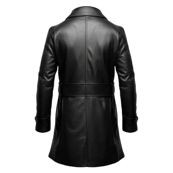 Button Closure Black Long Genuine Leather Coat