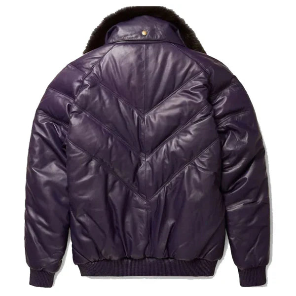 Men's V-Bomber Faux Shearling Purple Leather Jacket