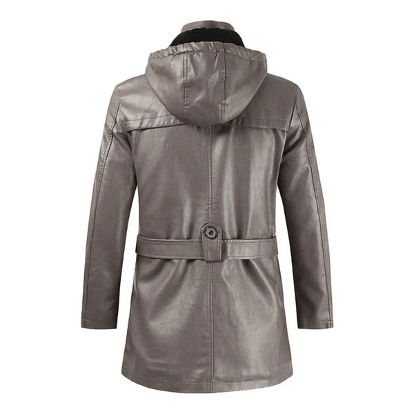 Fashion Hooded Long Camel Leather Motorcycle Coat