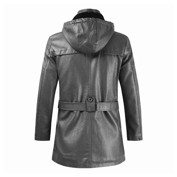 Fashionable Hooded Black Long Leather Motorcycle Coat