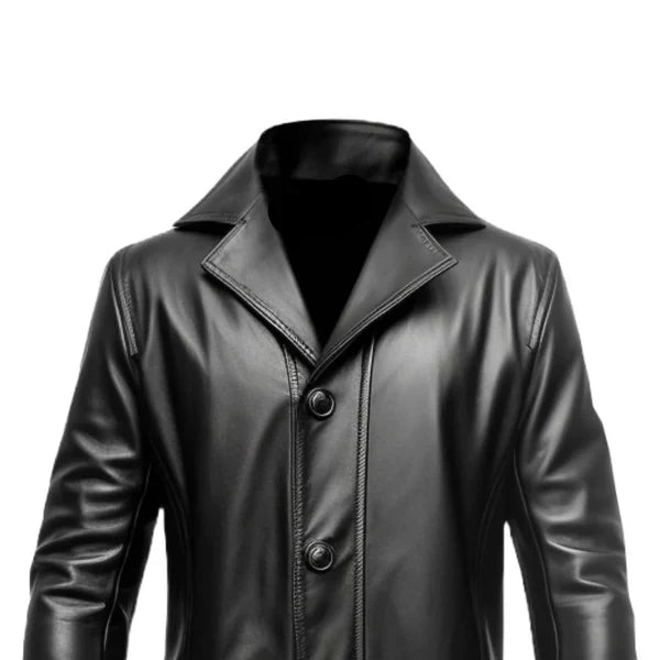 Button Closure Black Long Genuine Leather Coat