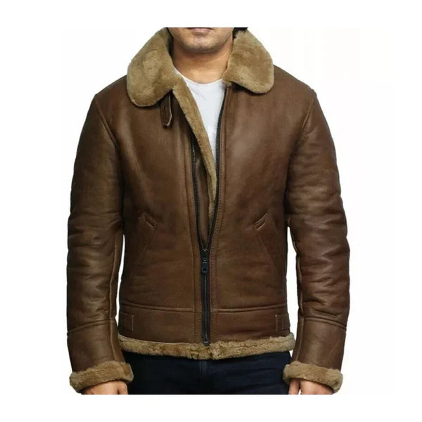 Men's Vintage Faux Shearling Brown Bomber Leather Jacket