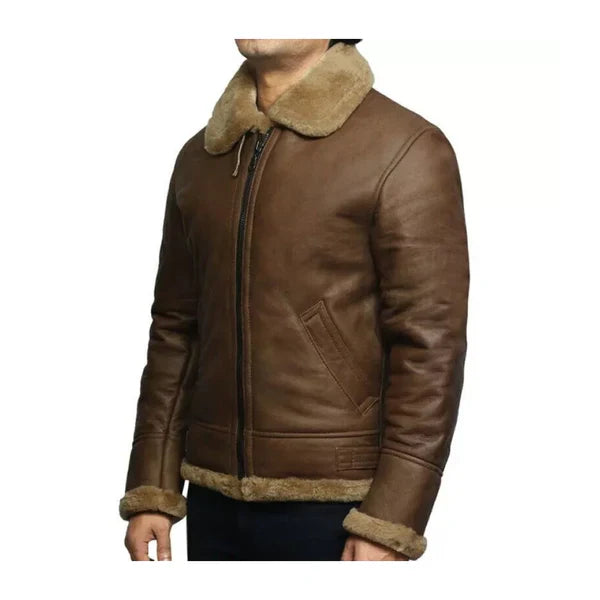 Men's Vintage Faux Shearling Brown Bomber Leather Jacket