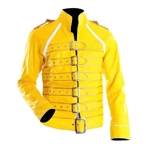 Freddie Mercury Yellow Strap Faux Leather Jacket